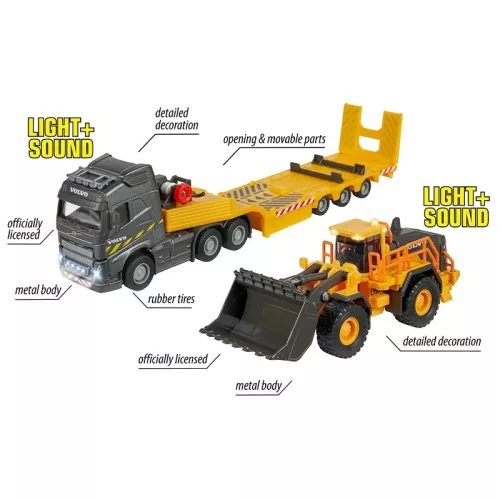 Majorette Construction Set Volvo FH-16 trailer és L350H homlokrakodó játékszett hang- és fényhatásokkal (35 cm)
