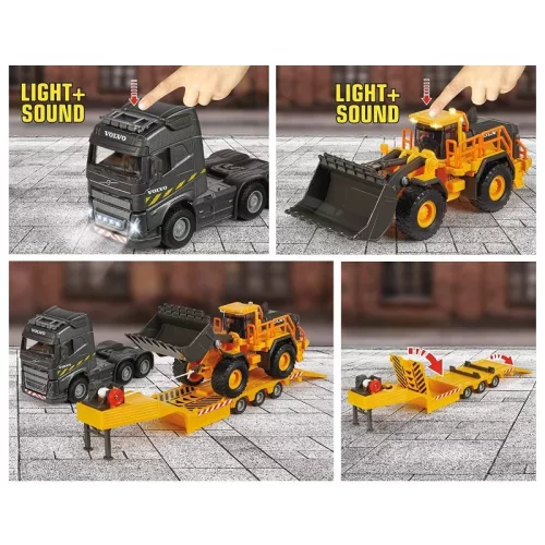 Majorette Construction Set Volvo FH-16 trailer és L350H homlokrakodó játékszett hang- és fényhatásokkal (35 cm)