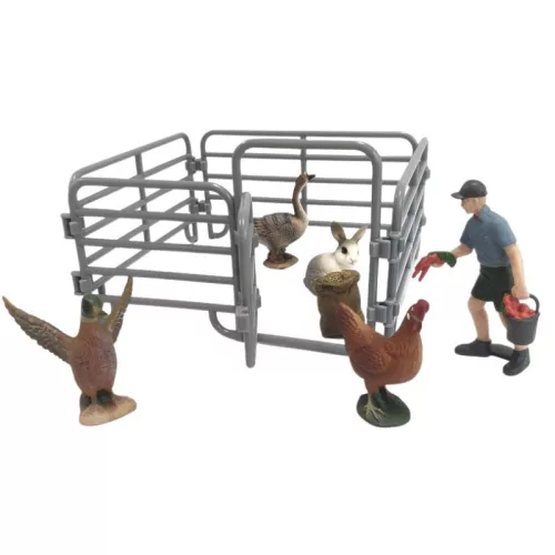 Háziállat játékszett kerítéssel és gazdával