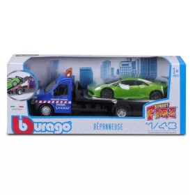 Bburago 1:43 játékautó – Street Fire autómentő tréler kisautóval: Garage Chedri Lamboval