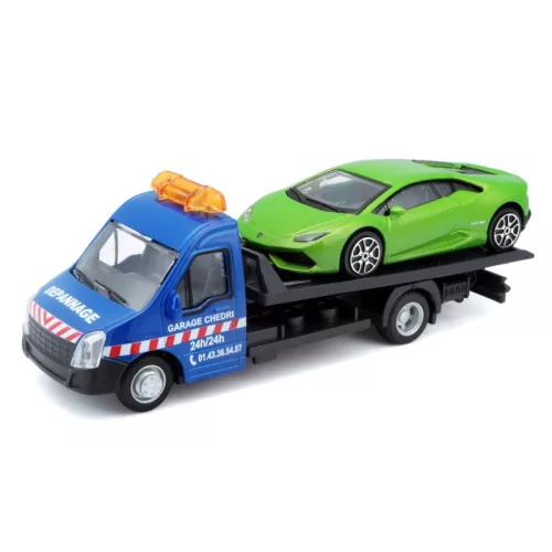 Bburago 1:43 játékautó – Street Fire autómentő tréler kisautóval: Garage Chedri Lamboval