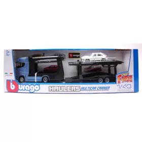   Bburago 1:43 játékautó - Street Fire autószállító: Acélkék Scania kamion fehér Porsche Macan kisautóval