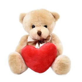 Világosbarna Peti maci plüss figura szívvel (14 cm)