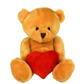 Sötétbarna Peti maci plüss figura szívvel (19 cm)