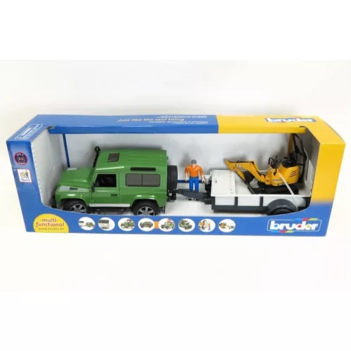 Bruder 02593 Land Rover Defender utánfutóval, CAT markolóval és figurával