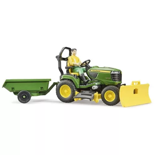 Bruder 62104 John Deere fűnyíró traktor utánfutóval és kertész figurával