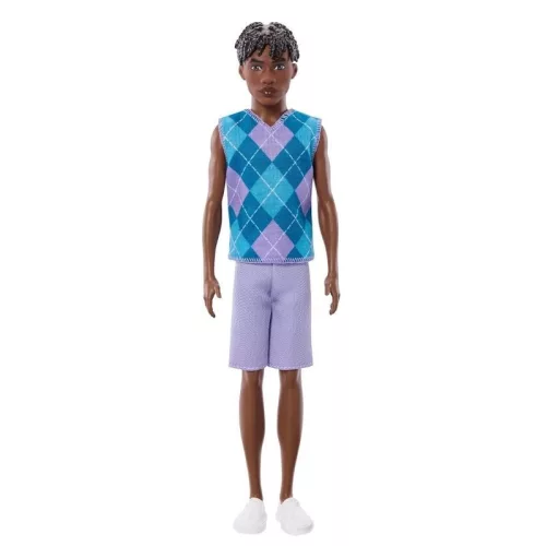 Barbie Fashionistas divatbaba – Ken baba türkiz és lila rombuszmintás felsőben (#253) – Ken