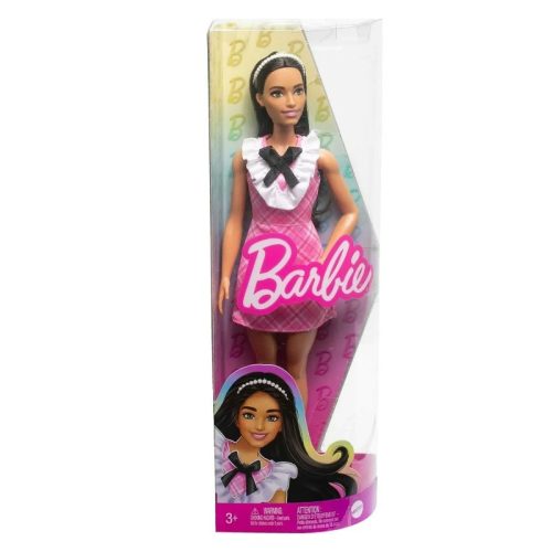 Barbie Fashionistas barátok - Barna hajú baba rózsaszín kockás mintás ruhában