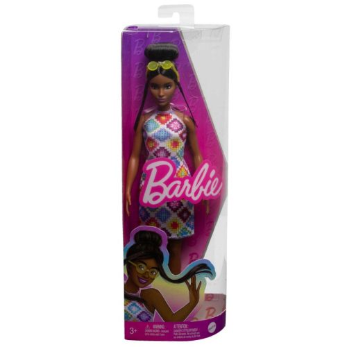 Barbie Fashionistas barátok - Barna hajú baba rombusz mintás ruhában