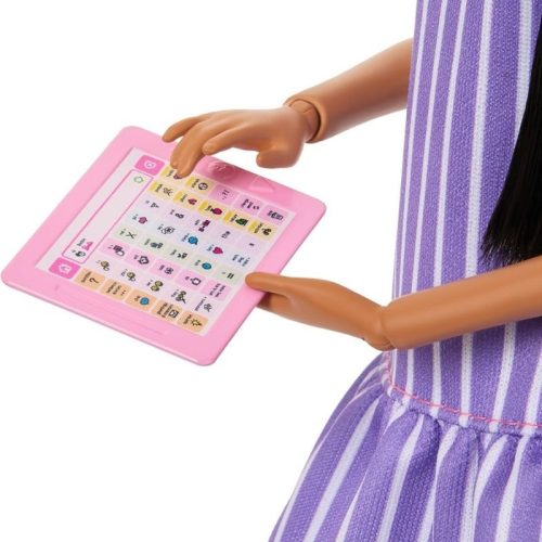 Barbie Fashionistas divatbaba #245 – lila csíkos ruhás autista Barbie kiegészítőkkel