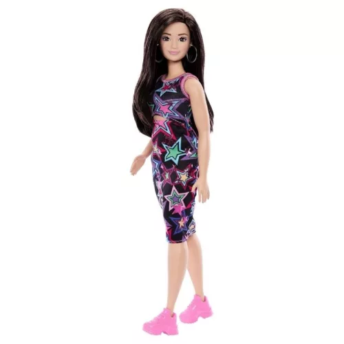 Barbie Fashionistas stílusos divatbaba – Csillagmintás fekete ruhában #251