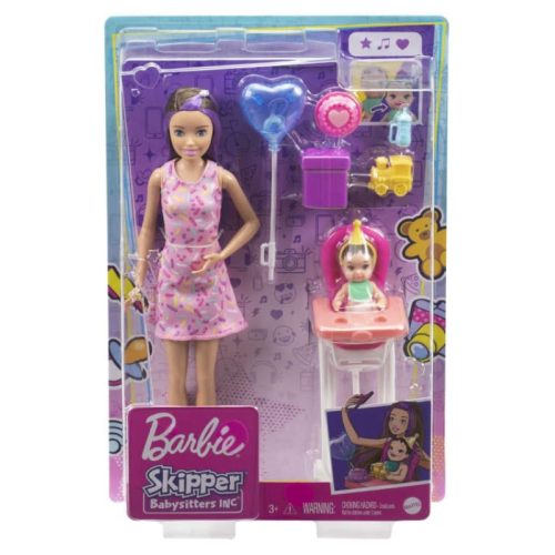 Barbie Skipper Babysitters - Barna hajú bébiszitter Barbie baba etetőszékben ülő kisbabával