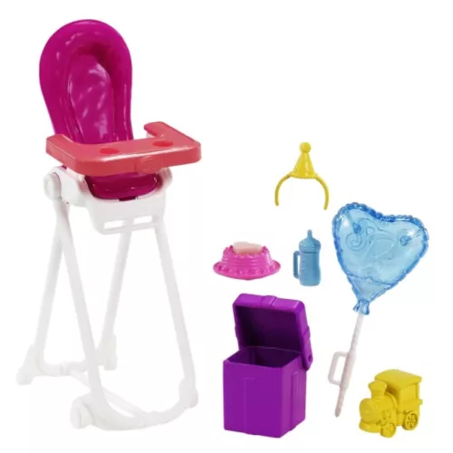 Barbie Skipper Babysitters – Fekete hajú bébiszitter Barbie baba etetőszékben ülő kisbabával