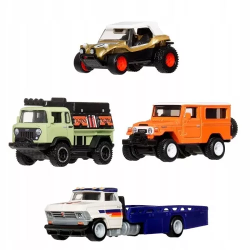 Hot Wheels Prémium gyűjtői off-road járműszett - Horizon Hauler, Toyota Land Cruiser FJ43, Meyers Manx, 1957 Jeep FC (4 db, 1:64)