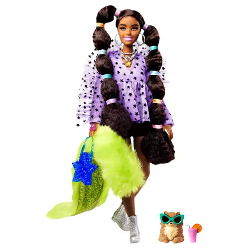 Barbie Extravagáns baba kutyával – Csillagos felsőben fodros ujjakkal