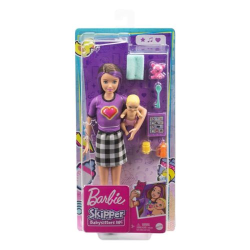 Barbie Skipper Babysitters - Bébiszitter baba lila felsőben, kisbabával
