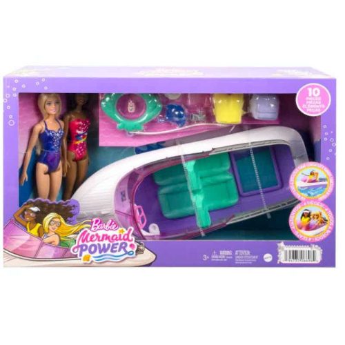 Barbie Mermaid Power motorcsónakkal és babákkal játékszett