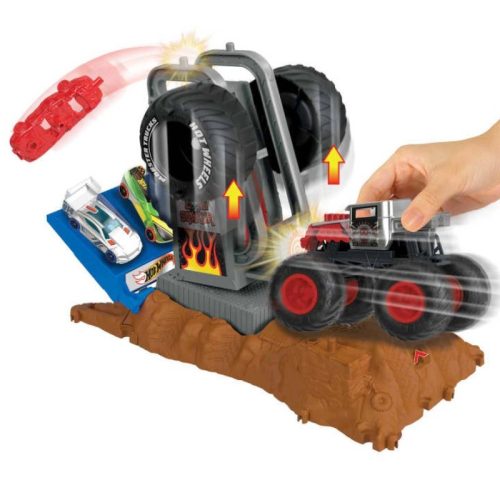 Hot Wheels Monster Trucks Arena Smashers – Tire Press Challenge pályakészlet és Bone Shaker kisautó