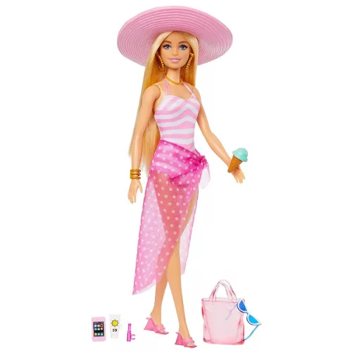 Barbie szőke játékbaba fürdőruhában strandkiegészítőkkel