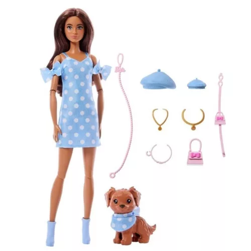 Barbie Twinning Looks divatbaba és kiskutya – Pöttyös kék ruhás divatduó