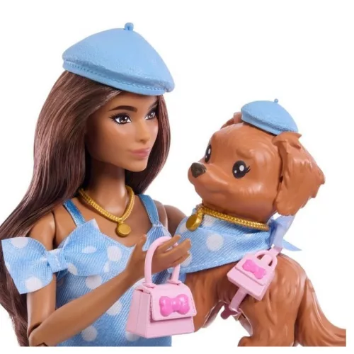 Barbie Twinning Looks divatbaba és kiskutya – Pöttyös kék ruhás divatduó