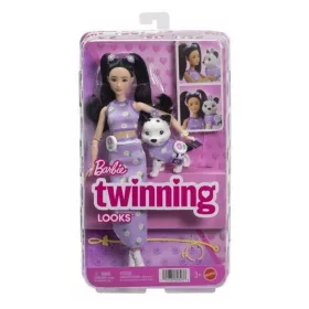 Barbie Twinning Looks divatbaba és kiskedvenc – margariéta mintás lila ruhás divatduo