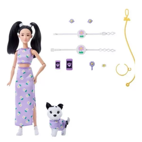 Barbie Twinning Looks divatbaba és kiskedvenc – margariéta mintás lila ruhás divatduo