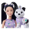 Barbie Twinning Looks divatbaba és kiskedvenc – margariéta mintás lila ruhás divatduo