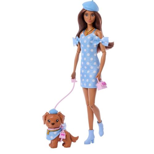 Barbie Kiskedvenc divatduó – Kék pöttyös ruhás divatbaba barna kiskutyával