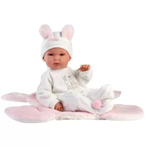 Llorens Bimba újszülött baba rózsaszín nyuszis hálózsákkal (35 cm)