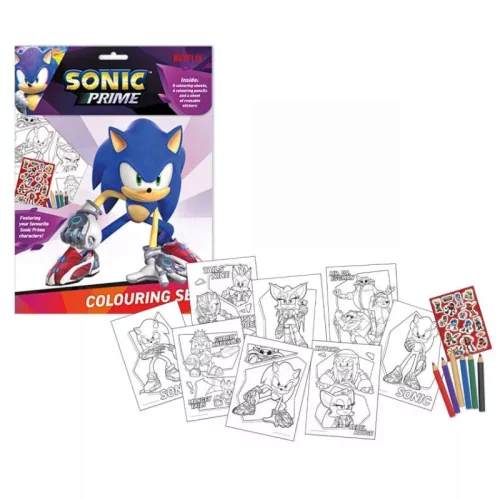 Sonic Prime színező szett – 8 lap, 6 ceruza, újrafelhasználható matricák